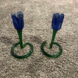 Vintage 2 Glass Art Murano-style blue tulip blossoms on a green spiral stem